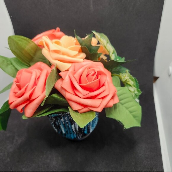 Handmade Floral Centerpiece Artificial Summer Table Decoration Peach Roses Glass - Picture 1 of 8